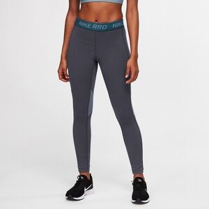 Nike PRO Charcoal Gray Teal Waistband Cozy Interior Performance Tights Medium